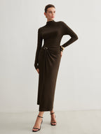 Irregular Metal-Ring Slit Pleated Dress for Women, Maxi Evening Party Gown