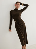 Irregular Metal-Ring Slit Pleated Dress for Women, Maxi Evening Party Gown