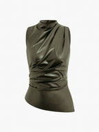 Mock Neck Faux Leather Cinched Tank Top Sleeveless Stylish Versatile