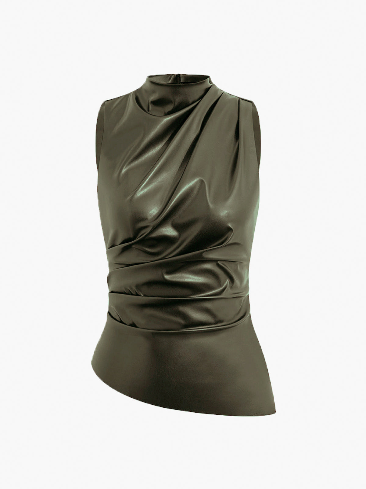 Mock Neck Faux Leather Cinched Tank Top Sleeveless Stylish Versatile
