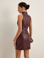 Stand Collar Faux Leather Skinny-Fit Tank Dress for Women, Trendy Party Wear