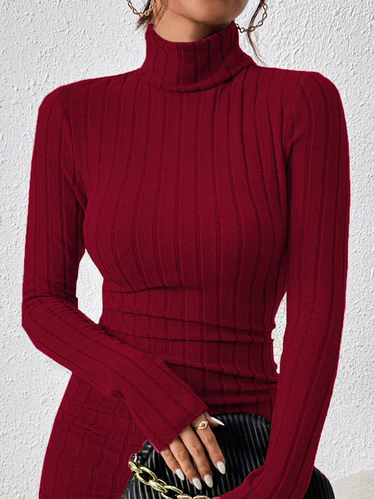 Mock Neck Hip-Covering Ribbed Dress with Long Sleeves and Stretch Fit