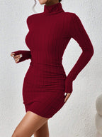 Mock Neck Hip-Covering Ribbed Dress with Long Sleeves and Stretch Fit
