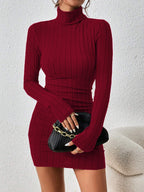 Mock Neck Hip-Covering Ribbed Dress with Long Sleeves and Stretch Fit