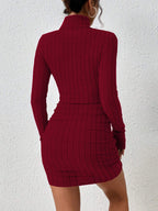 Mock Neck Hip-Covering Ribbed Dress with Long Sleeves and Stretch Fit