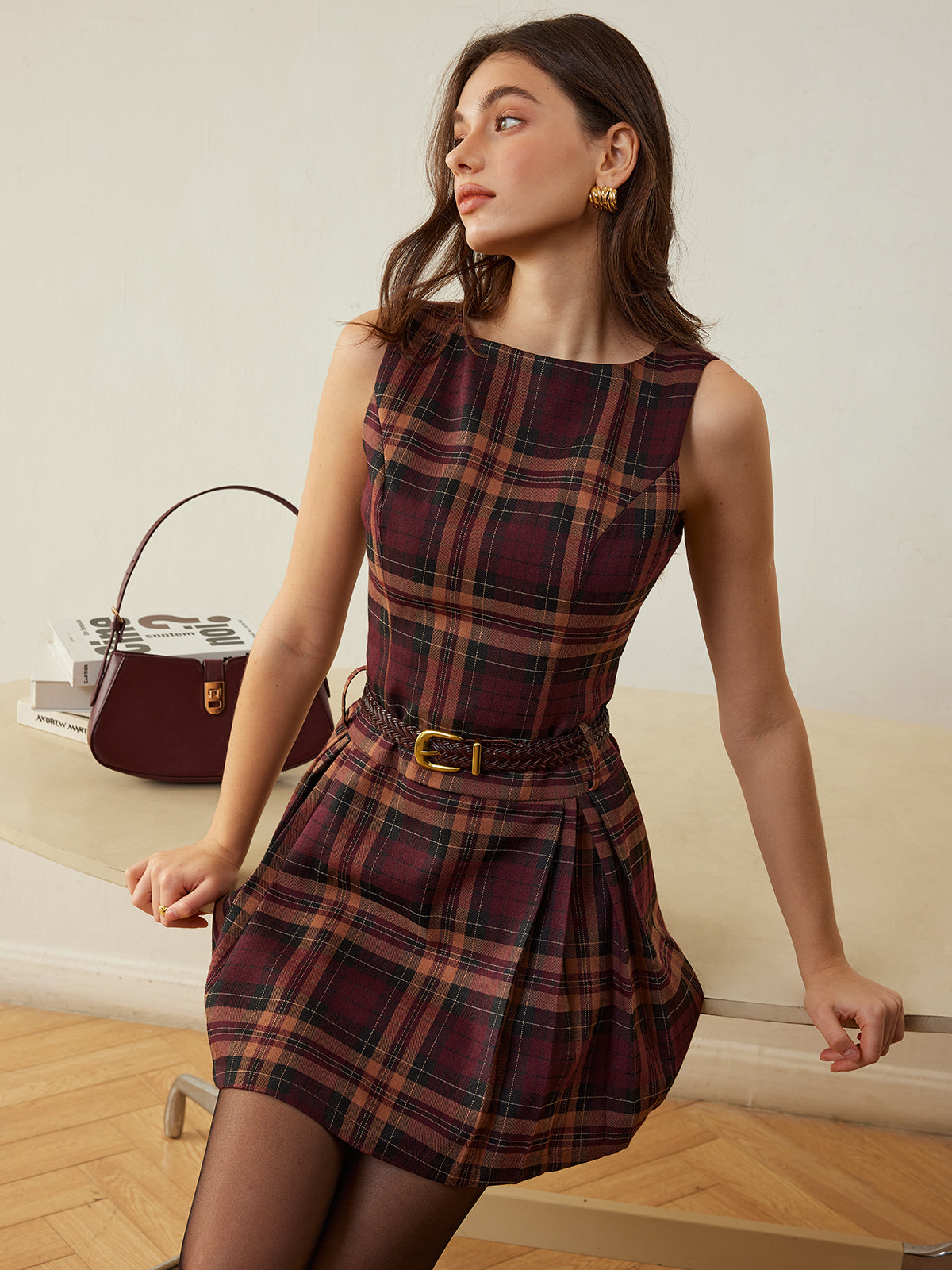 Checked Pleated Tank Dress Without Belt - Casual Summer Style