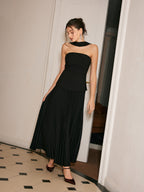 Choker Design Pleated Panel Dress with Elegant Long Sleeves