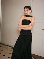 Choker Design Pleated Panel Dress with Elegant Long Sleeves