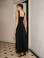 Choker Design Pleated Panel Dress with Elegant Long Sleeves