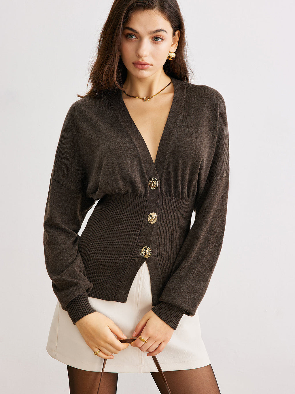 Wool-Blend Cinched Button Knit Outerwear Women's Stylish Winter Jacket