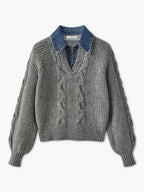 Denim Panel Ribbed Lapel Sweater for Casual Fall Fashion