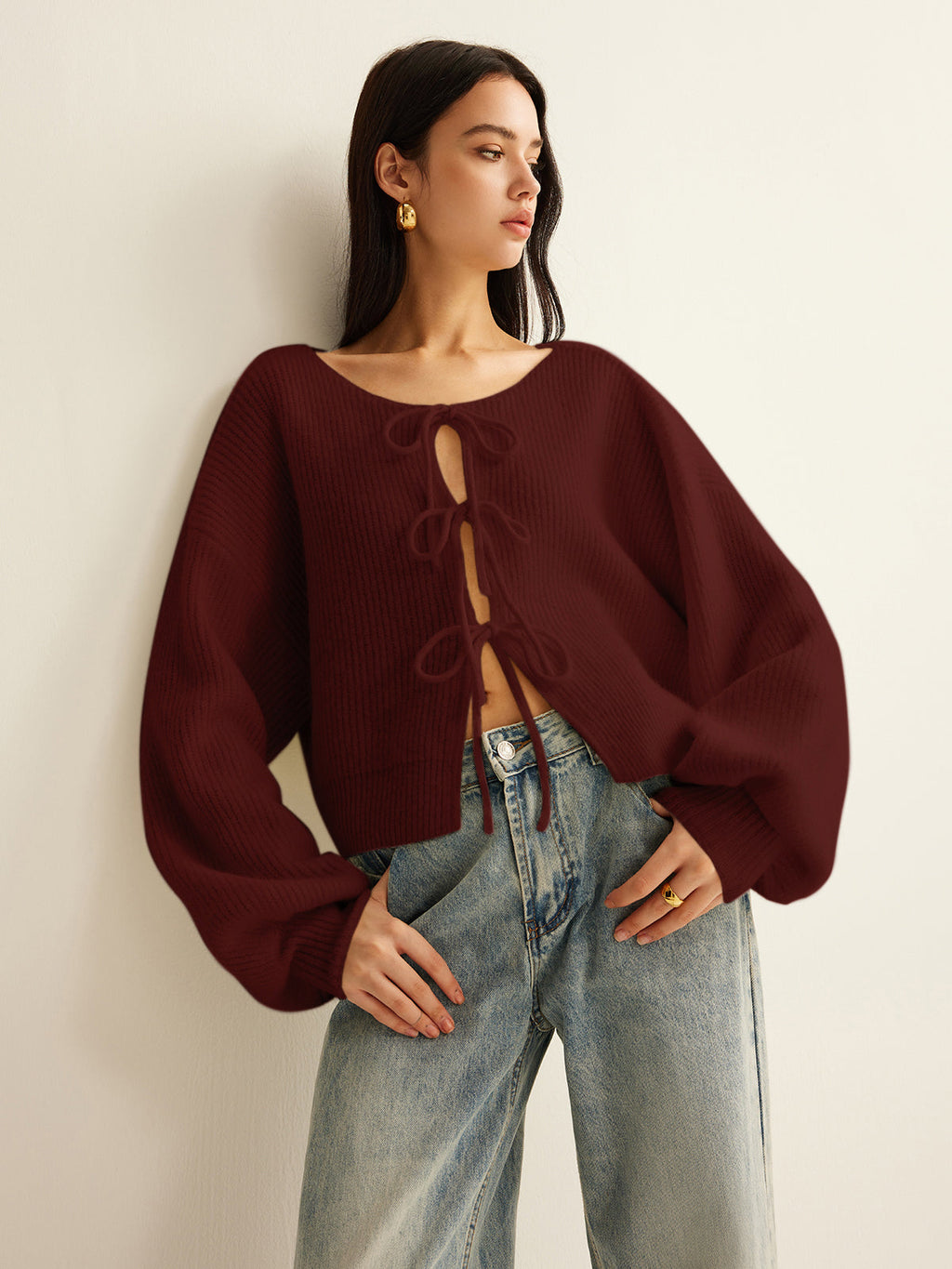 Wool-Blend Tie-Front Cardigan with Ribbed Trim Comfort Fit