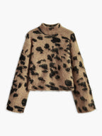 Wool-Blend Leopard Fuzzy Sweater for Women with Crew Neck