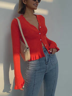 Ruffled Trim Button-Front Long Sleeve Cardigan Cozy Knitwear Essentials