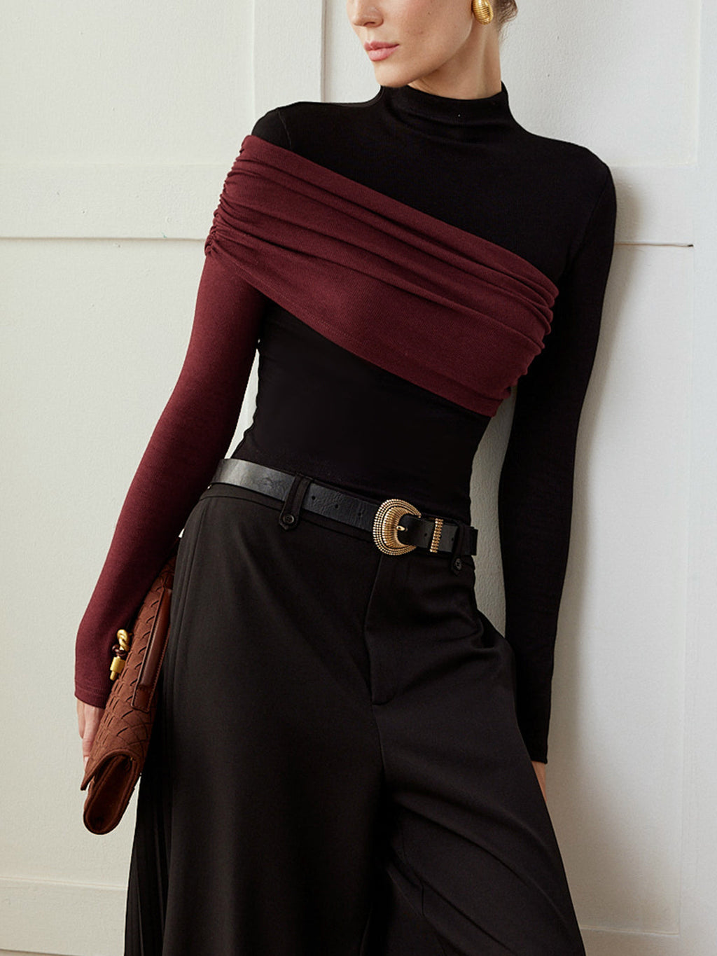 Color Block Pleated Jersey Slim Top Women's Fashion Essentials