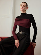 Color Block Pleated Jersey Slim Top Women's Fashion Essentials