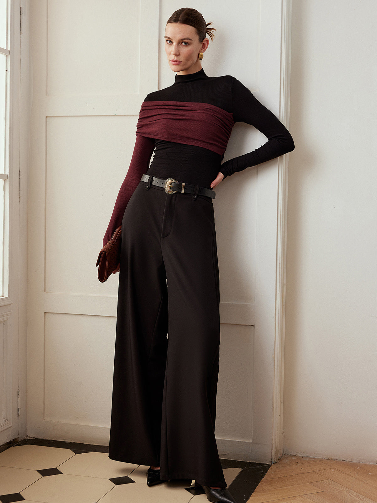 Color Block Pleated Jersey Slim Top Women's Fashion Essentials