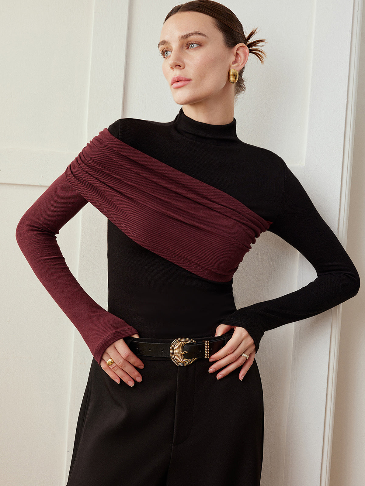 Color Block Pleated Jersey Slim Top Women's Fashion Essentials