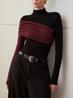 Color Block Pleated Jersey Slim Top Women's Fashion Essentials