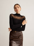 Mock Neck Sheer Panel Knit Top with Long Sleeves and Lightweight Fabric