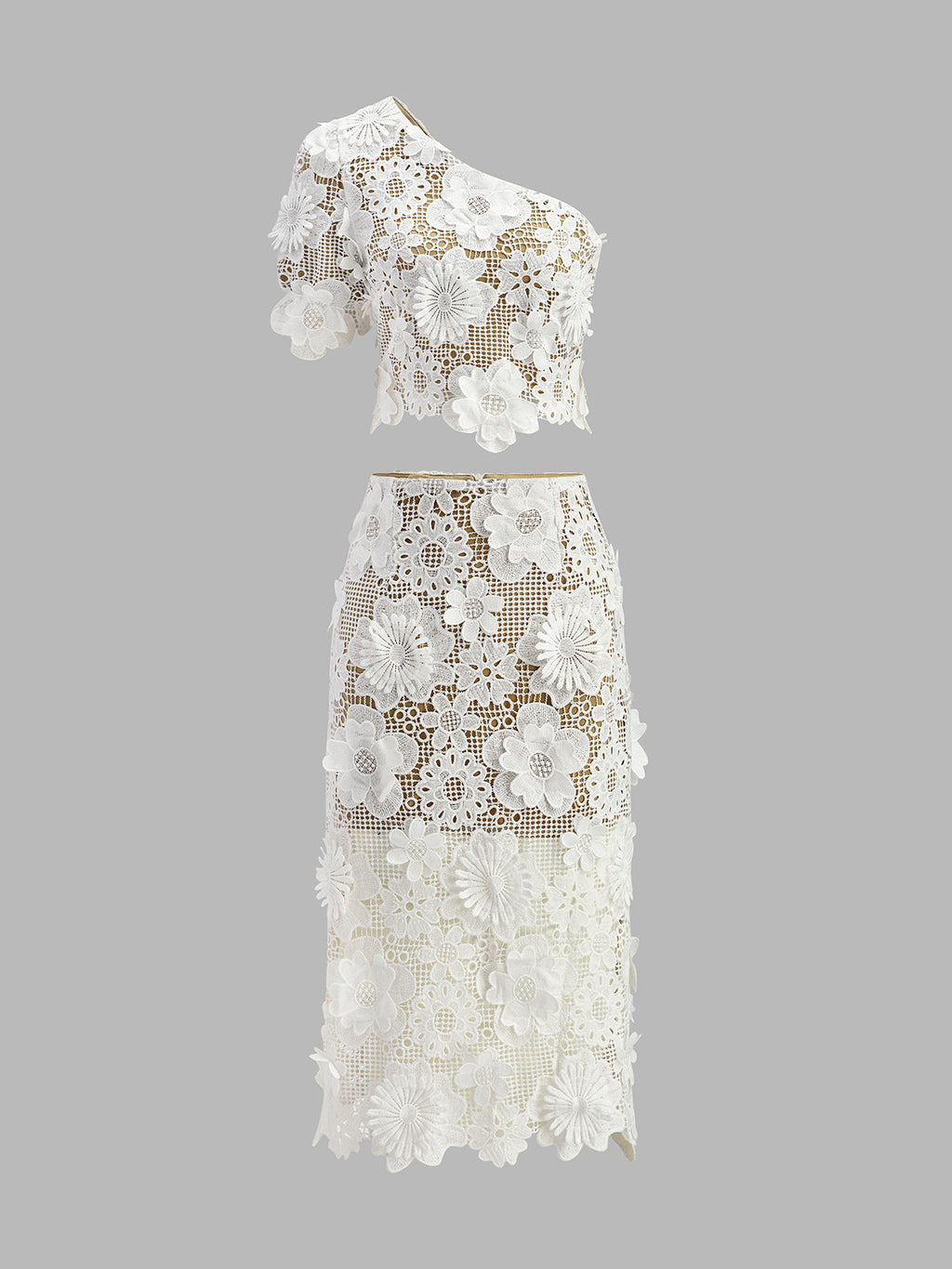 Asymmetrical Floral Lace Top Skirt Set for Elegant Evening Wear