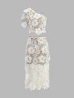 Asymmetrical Floral Lace Top Skirt Set for Elegant Evening Wear