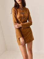 Suede Effect Metal-Detail Short Dress with Back Zip Closure