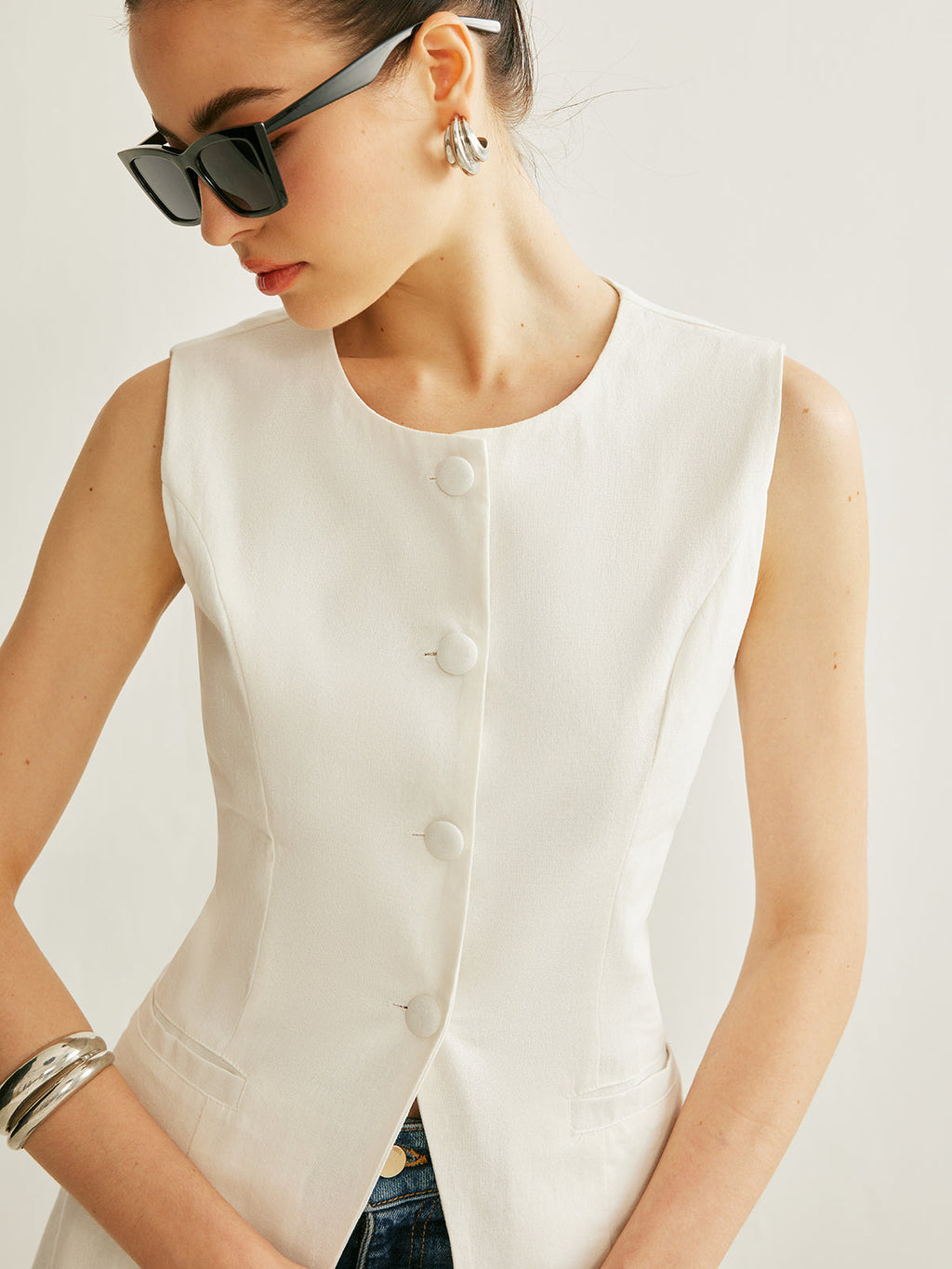 Button Detail Sleeveless Vest with Adjustable Back Strap