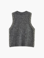 Wool-Blend Beaded Sweater Vest Classic Knit Layering Piece