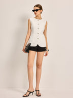 Button-Front Pockets Textured Vest Without Belt - Casual Sleeveless Outerwear