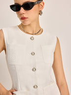 Button-Front Pockets Textured Vest Without Belt - Casual Sleeveless Outerwear