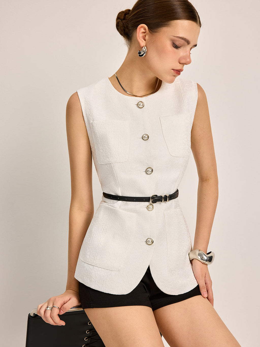 Button-Front Pockets Textured Vest Without Belt - Casual Sleeveless Outerwear
