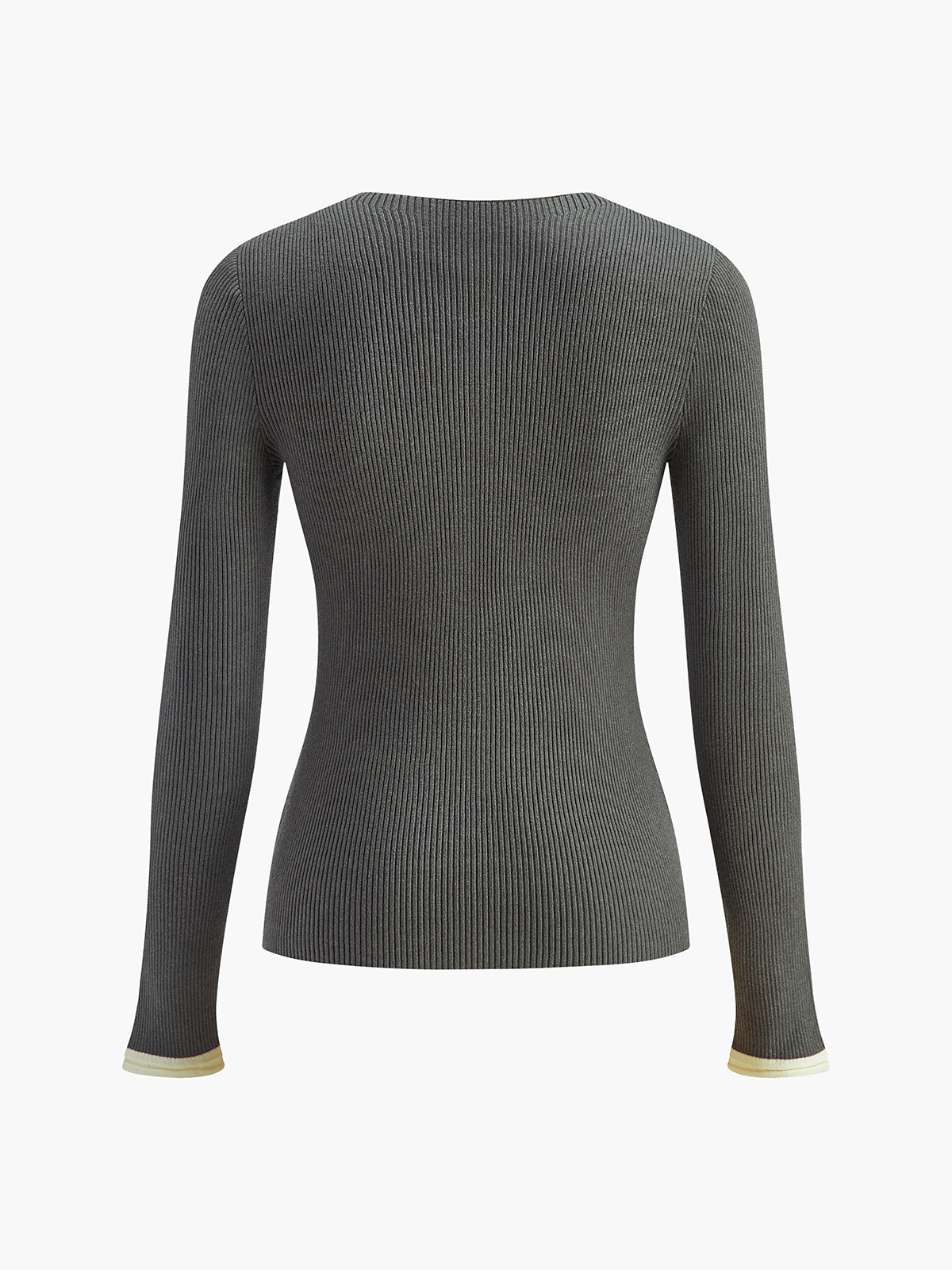 Fitted dark gray ribbed cardigan with button closure, light cuff trim, and crew neckline.