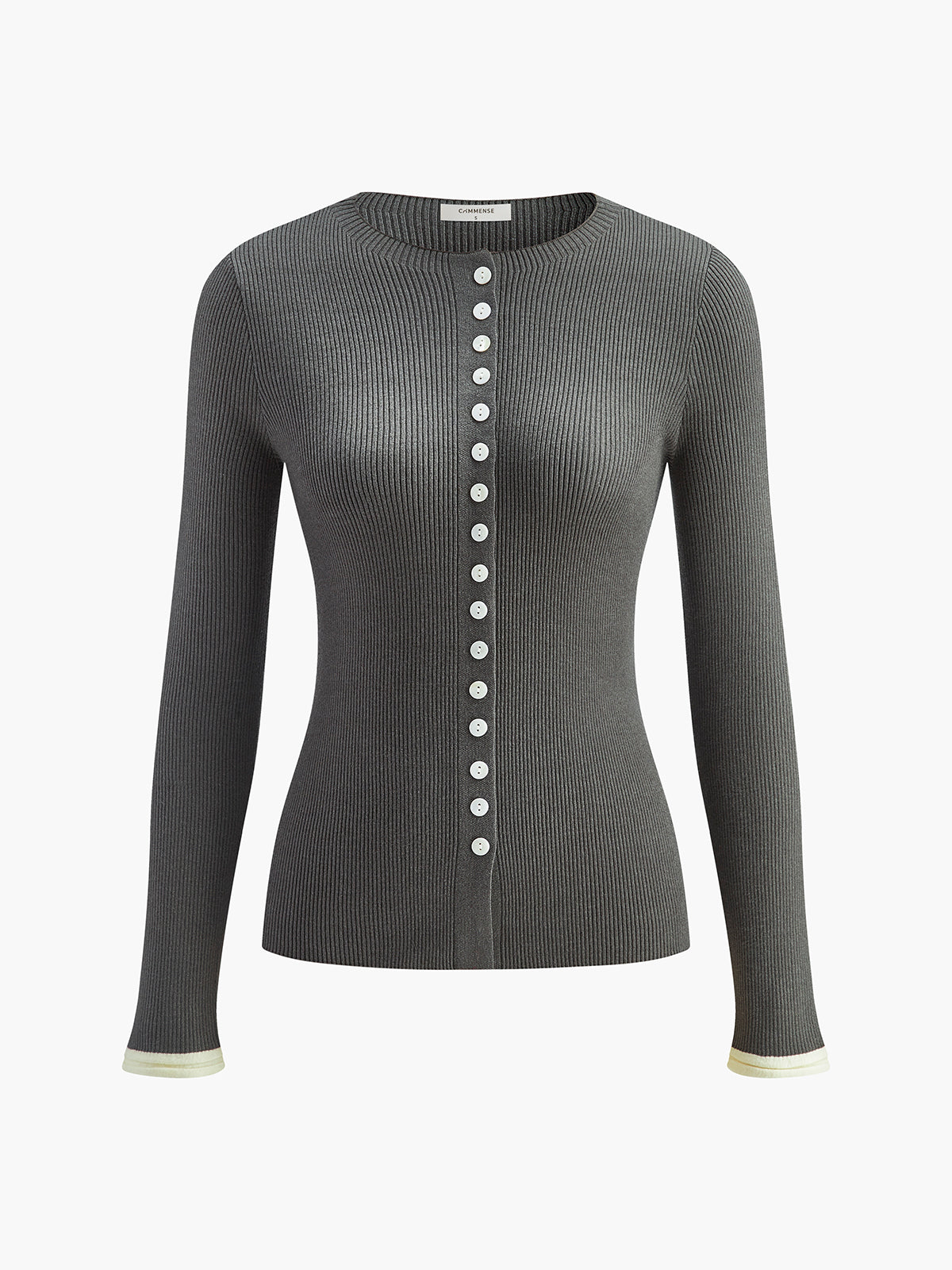Dark gray ribbed knit cardigan with long sleeves, white buttons, and subtle white trim.