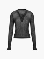 Lace-Up Front Sheer Long Sleeve Sweater Women's Trendy Knit Top