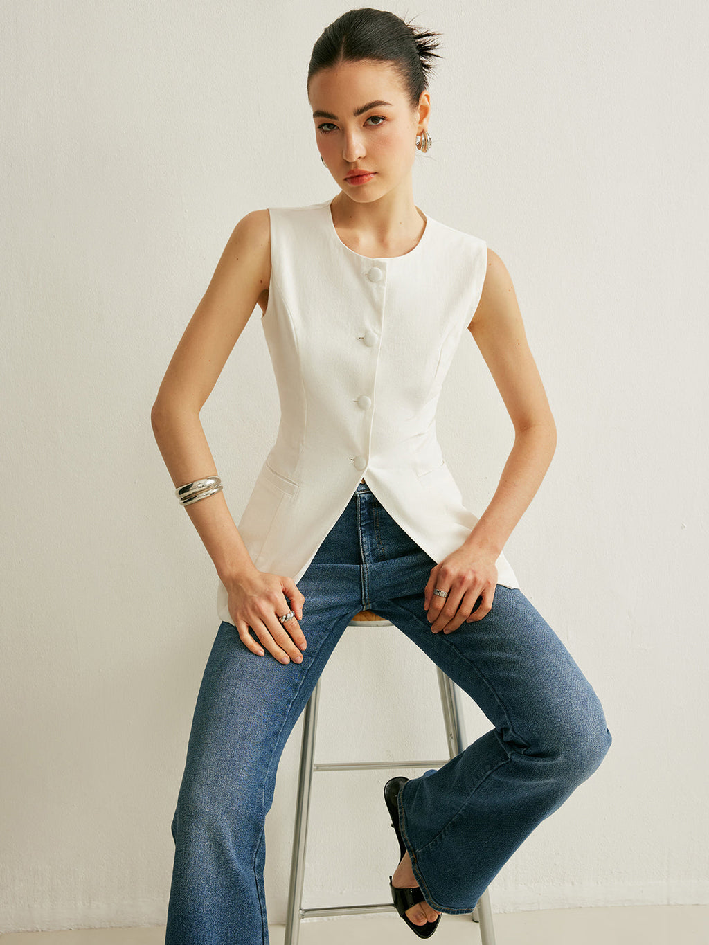 Button Detail Sleeveless Vest with Adjustable Back Strap