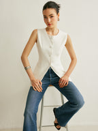 Button Detail Sleeveless Vest with Adjustable Back Strap