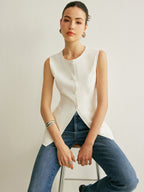 Button Detail Sleeveless Vest with Adjustable Back Strap