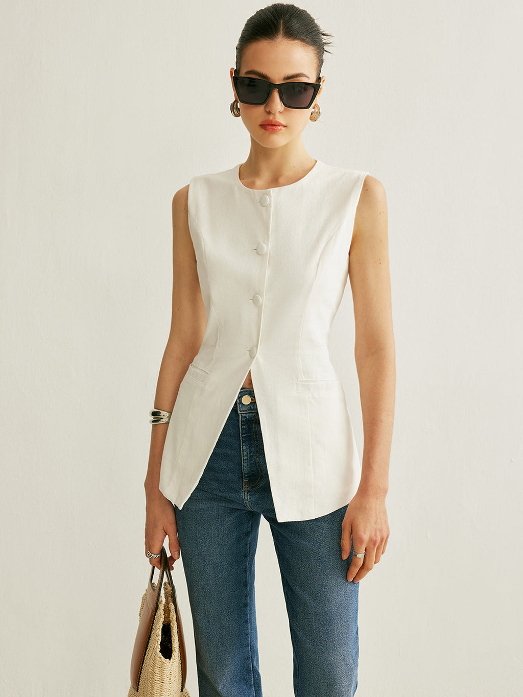Button Detail Sleeveless Vest with Adjustable Back Strap