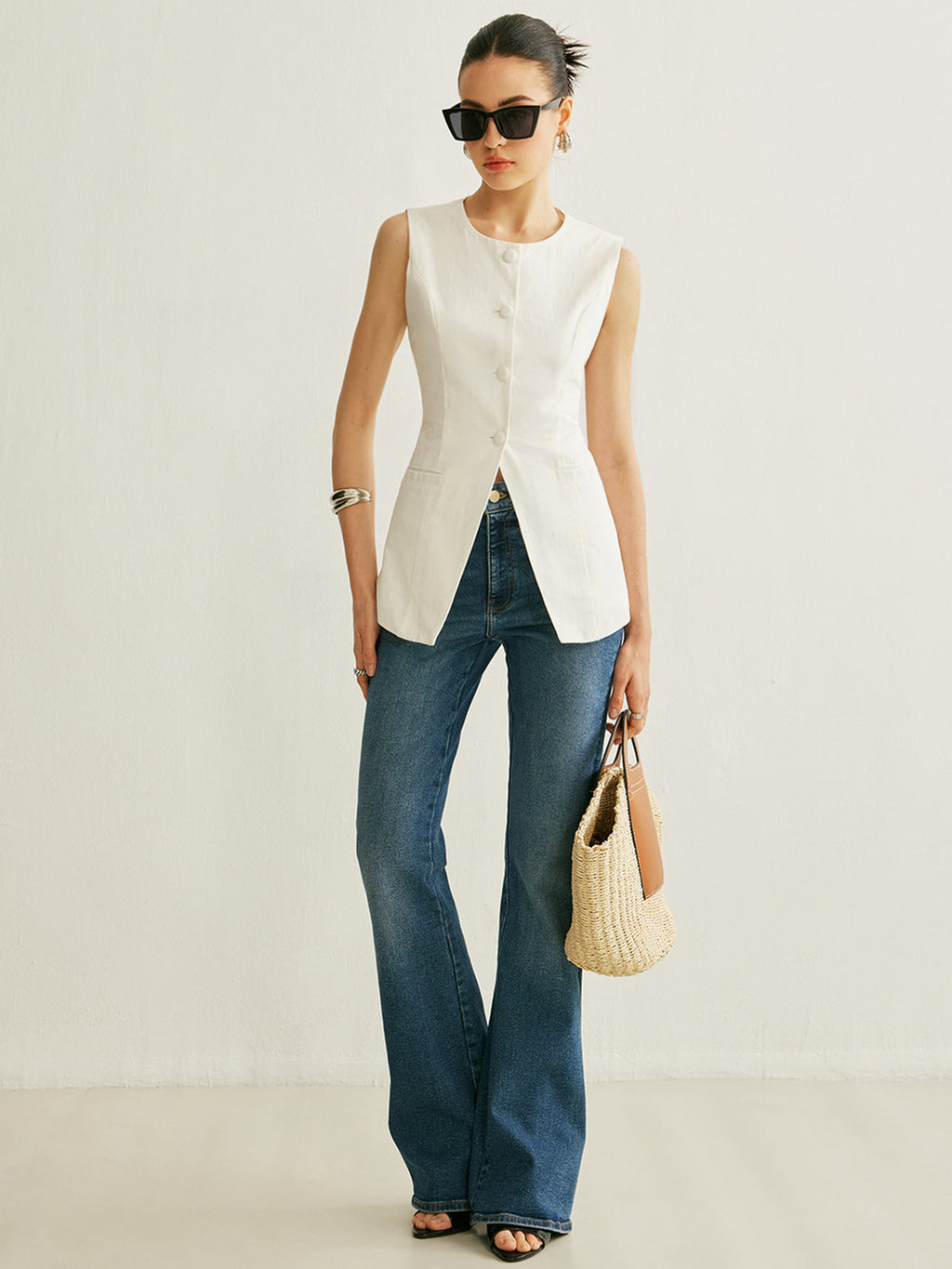 Button Detail Sleeveless Vest with Adjustable Back Strap