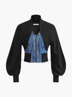 Puff-Sleeve Denim Panel Slim Jacket for Women Casual Wear