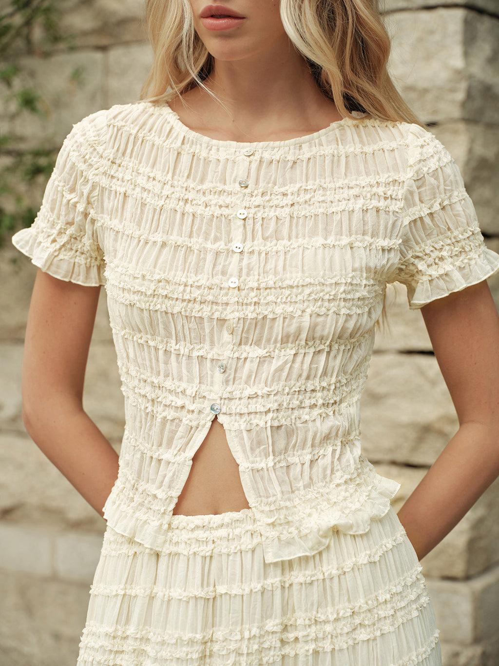 Semi-Sheer Ruffled Crop Top Skirt Set for Women, Summer Fashion Outfit