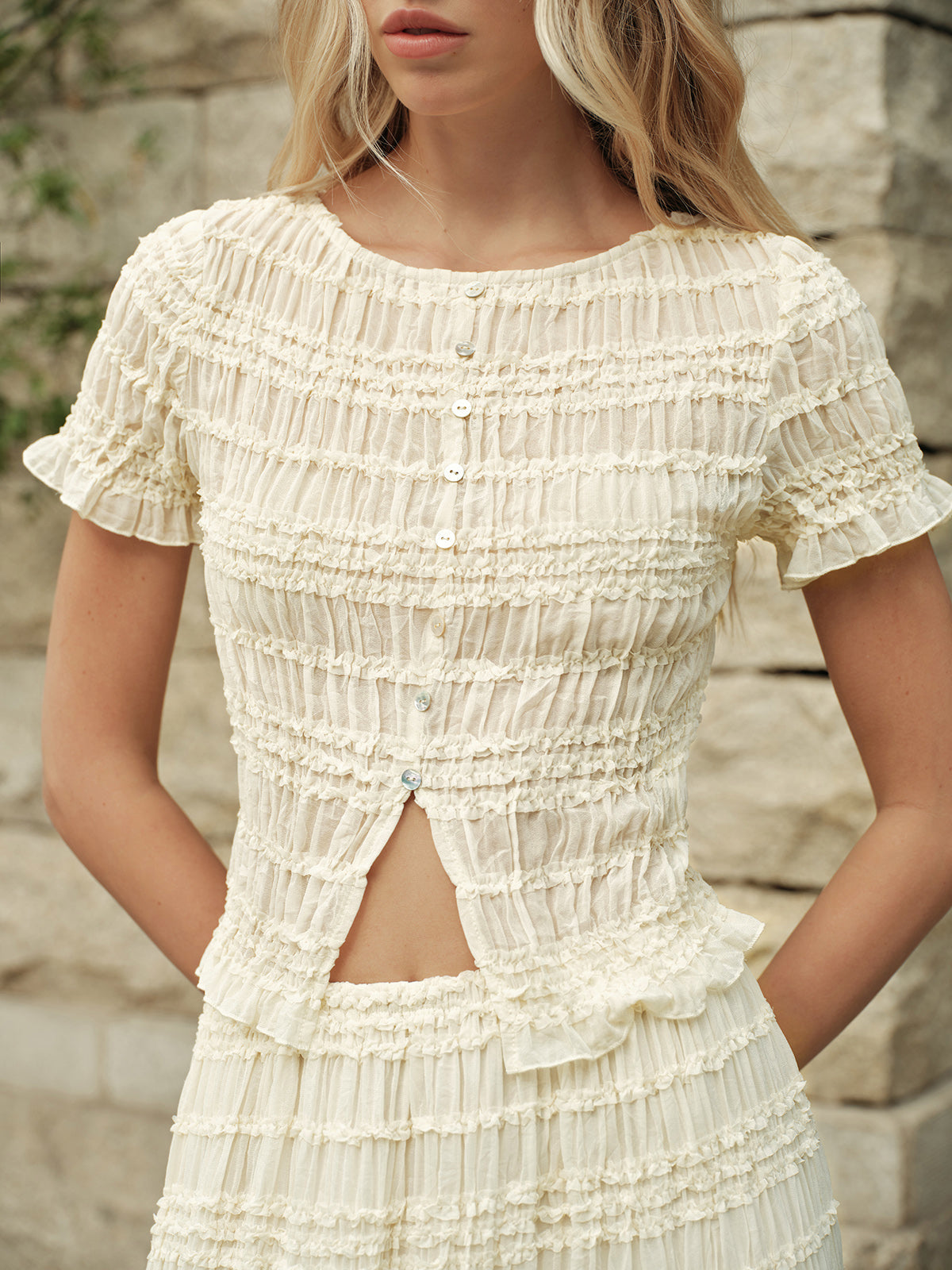 Semi-Sheer Ruffled Crop Top Skirt Set for Women, Summer Fashion Outfit