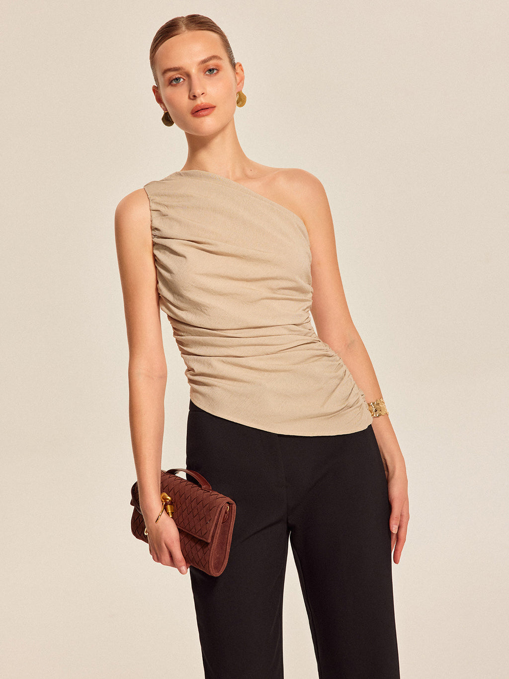 Ruched Side One-Shoulder Top Elegant Women's Fashion Blouse