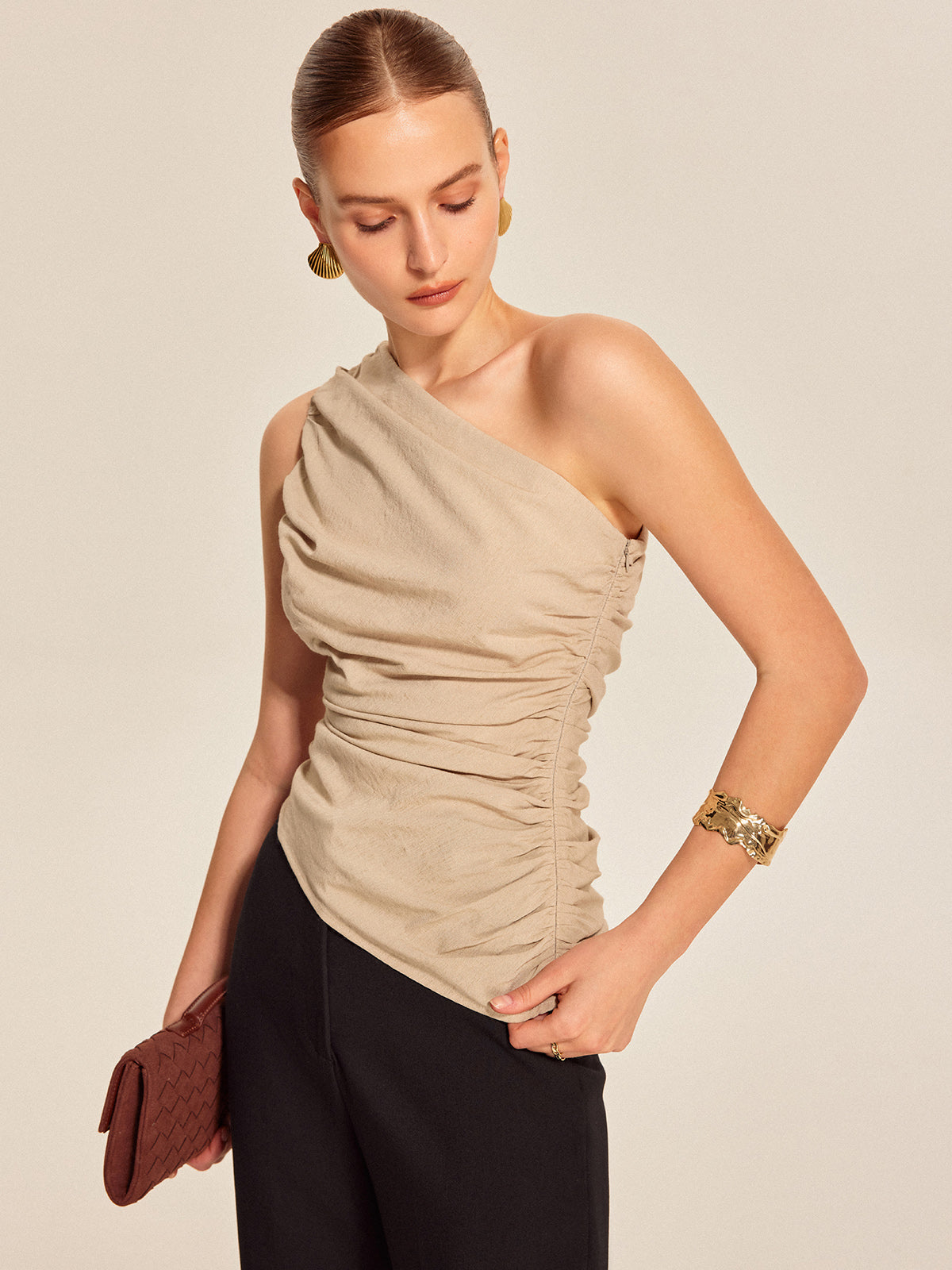 Ruched Side One-Shoulder Top Elegant Women's Fashion Blouse