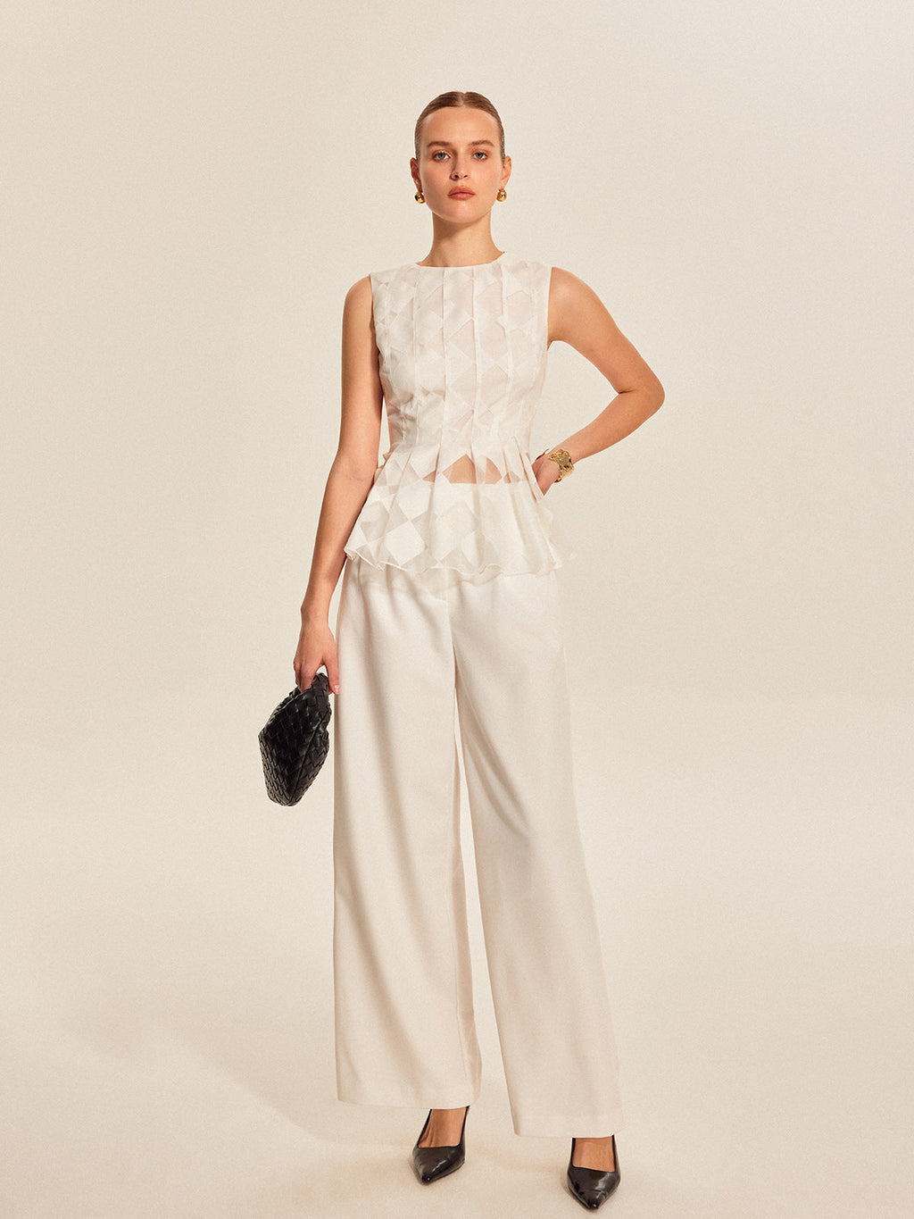 Semi-Sheer Geometric Peplum Top with Delicate Lace Detail