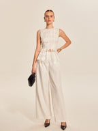 Semi-Sheer Geometric Peplum Top with Delicate Lace Detail