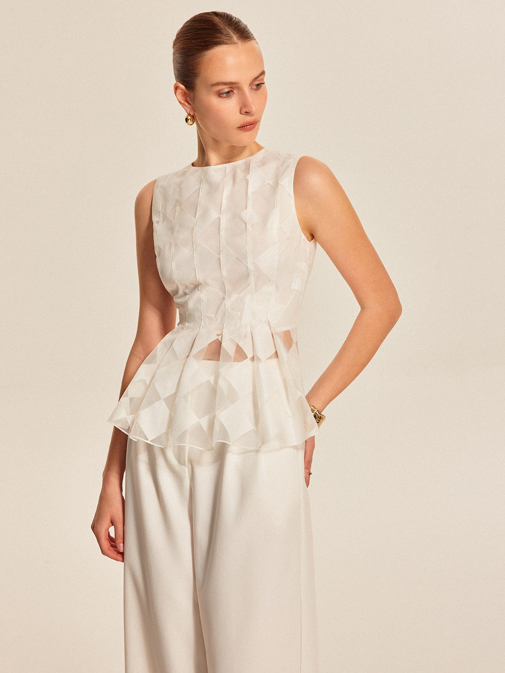 Semi-Sheer Geometric Peplum Top with Delicate Lace Detail