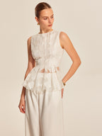 Semi-Sheer Geometric Peplum Top with Delicate Lace Detail