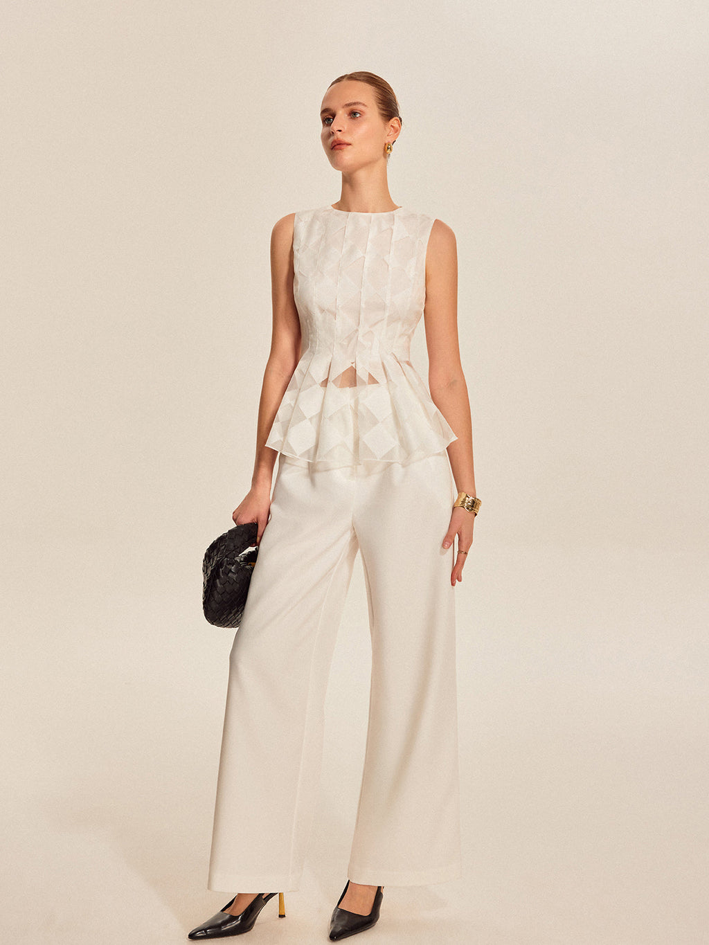 Semi-Sheer Geometric Peplum Top with Delicate Lace Detail